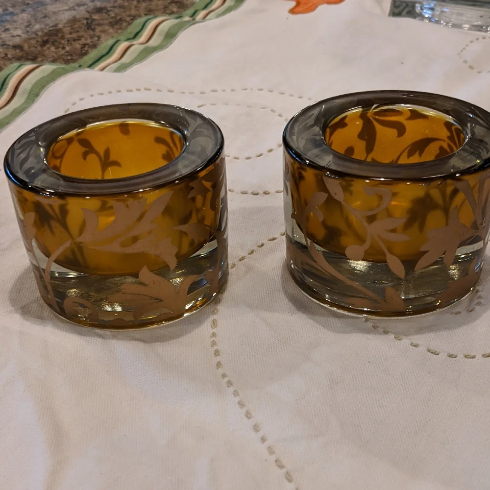 Candle Tealight Holder Set Zodax Gold Amber Floral Vines Round Heavy Glass